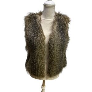 Express Womens Faux Fur Vest Brown Tan Animal Print S/P Sleeveless Gilet‎